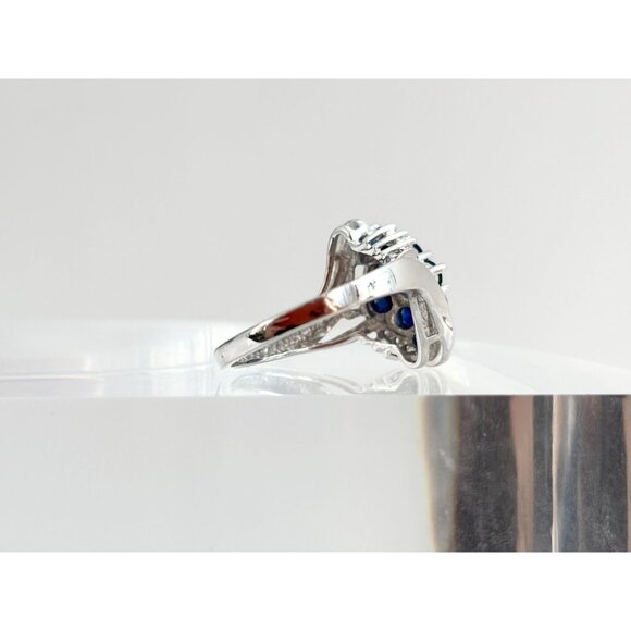 10k White Gold Blue Sapphire & White Diamond Vintage Gemstone Cocktail Ring sz 7 - Picture 4 of 10